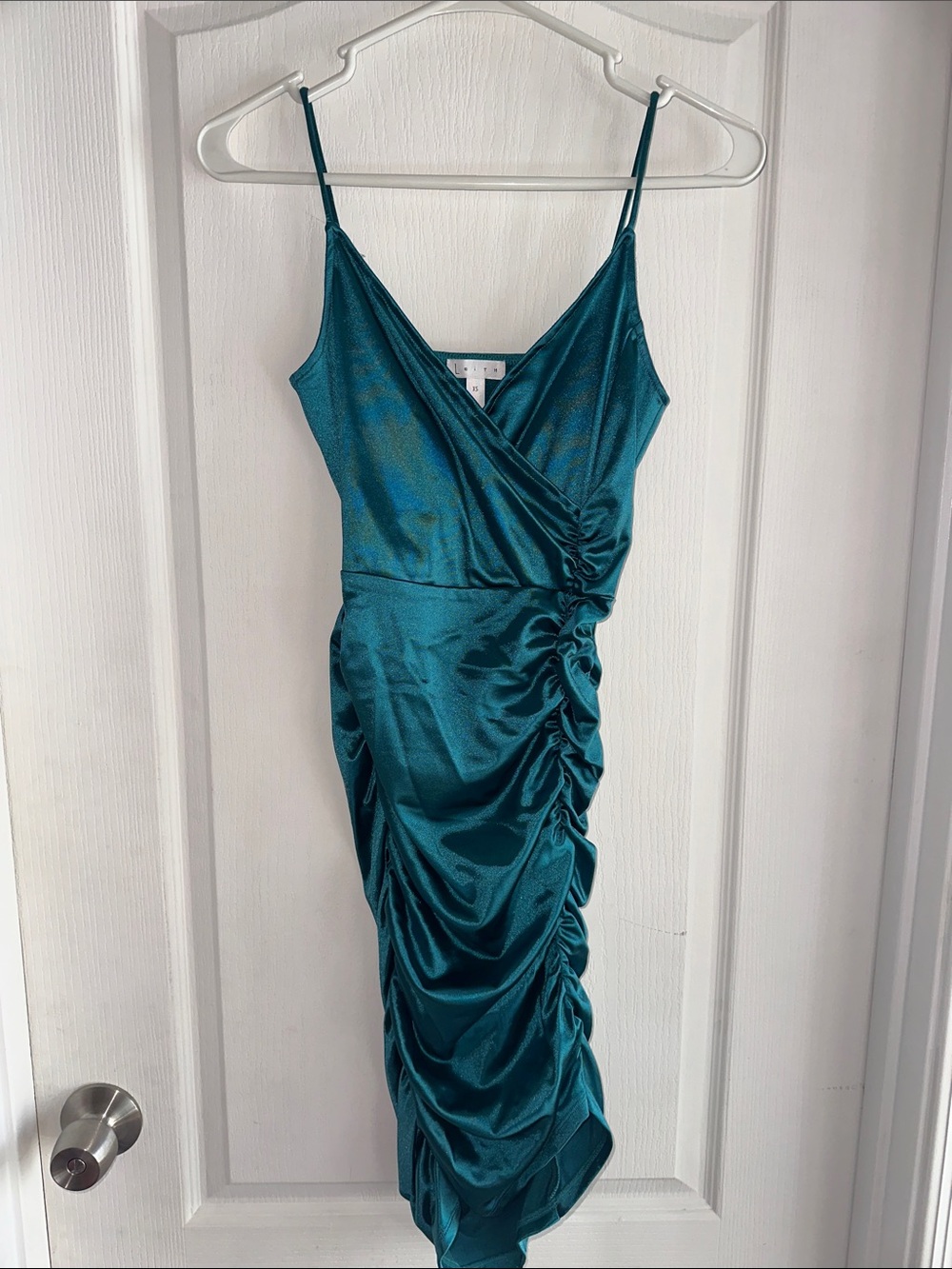 Satin Teal Ruched Midi Dress with Spaghetti Straps